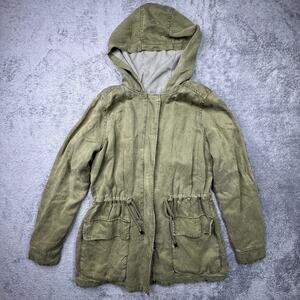 Matty M Womens Linen Blend Coat Jacket Hoodie Olive Green Drawstring Waist Cinch